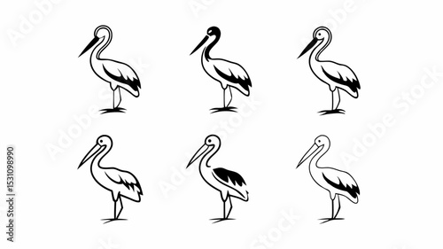 Six black and white stork illustrations in a grid formation with varying wing and head designs present | eps vectors silhouette
