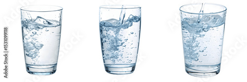 A Set for Three glasses being filled with clear water, isolated on transparent background