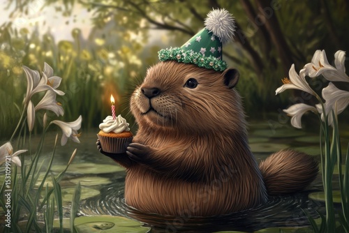 Festive beaver celebrates a joyful occasion with a cupcake in serene waters surrounded by blooming lilies at twilight