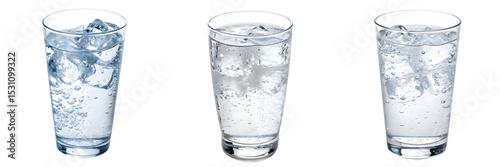 A Set for Three glasses of sparkling water with ice cubes, isolated on transparent background