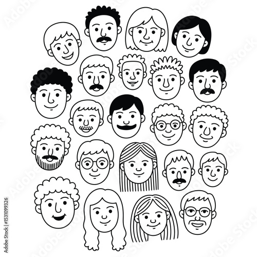 a circular arrangement of diverse hand-drawn doodle faces showcasing expressions, hairstyles, and features
