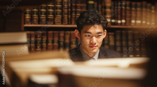 A focused student reading in a cozy library setting
