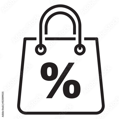 Flat black vector silhouette and icon of a shopping bag with a percent sign, symbolizing economic discount, consumer pricing, retail sale, and market promotion