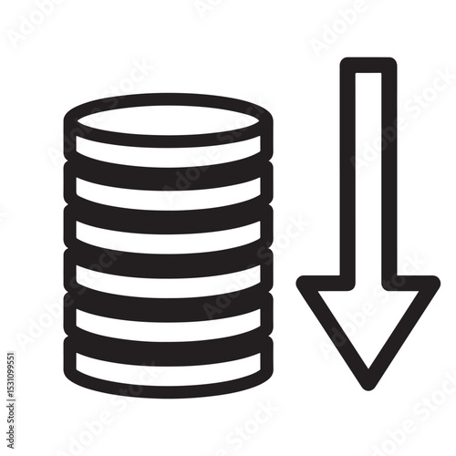 Flat black vector silhouette and icon of a coin stack with down arrow, symbolizing recession and economic loss concept