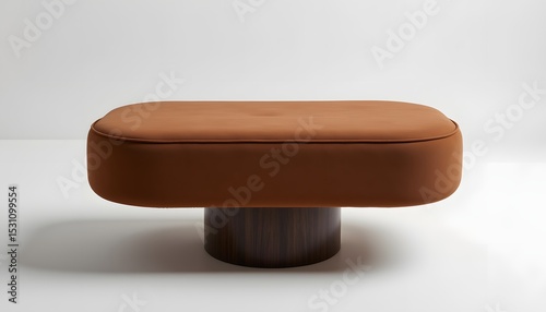 bench features a soft, tactile surface of matte brown suede, offering a warm and inviting texture. The supporting structure is crafted from matte brown finished wood, forming a solid cylindrical base photo
