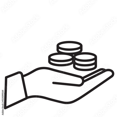Flat black vector silhouette and icon of a hand holding coins, symbolizing charity, economic aid, and financial support concept