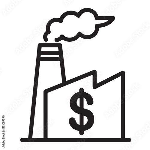 Flat black vector silhouette and icon of a factory with smoke and dollar sign, symbolizing industrial economy and production cost