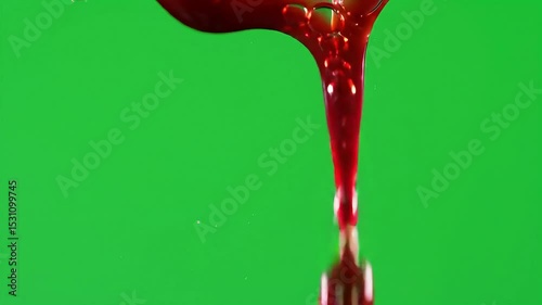 Red liquid dripping downwards on a green screen perfect for effects and compositing
