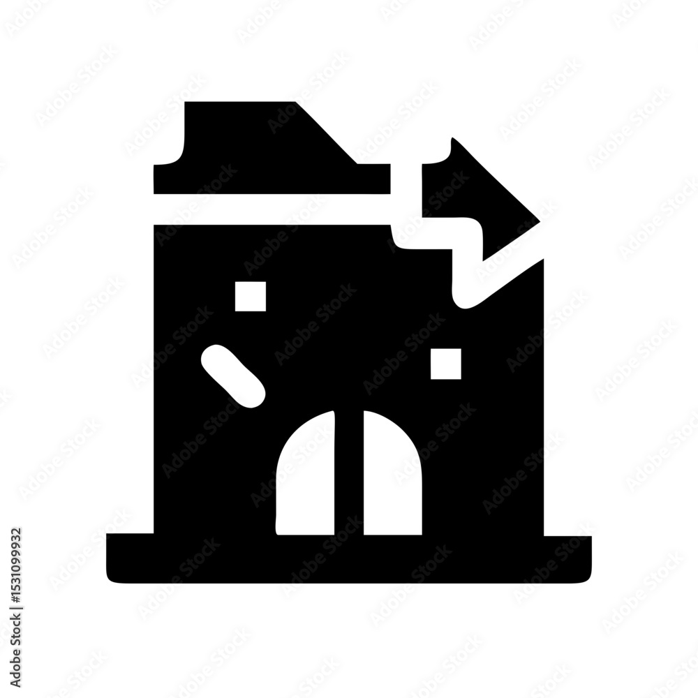 Icon of a damaged building to signify destruction or disrepair Icon of a damaged building to signify destruction or disrepair
