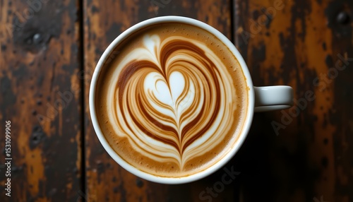 beige coffee drink, captured from directly above, shows a circular canvas of textured foam artfully drizzled with rich, dark caramel