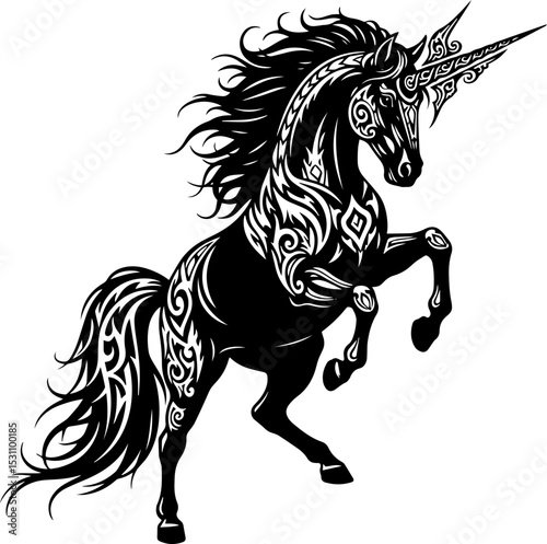 Majestic Tribal Unicorn: Black and White Vector Illustration