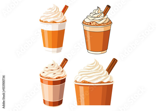Pumpkin spice latte in a takeaway cup with whipped cream and cinnamon stick in flat vector illustration on a transparent background