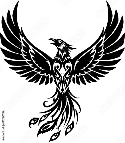 Majestic Tribal Phoenix: Black and White Vector Art