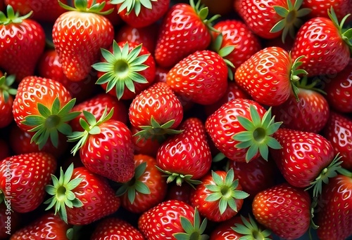 A pile of fresh, ripe strawberries, vibrant green color, small green stems, juicy texture, close-up shot, natural lighting, food photography, studio setting, appetizing presentation, sweet and tangy