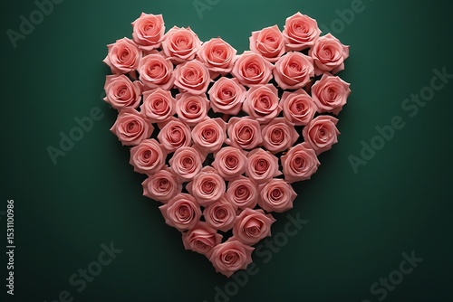 Pink roses arranged in heart shape on green background