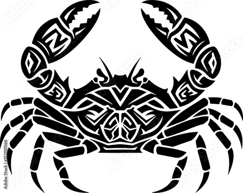 Stylized Crab Tribal Tattoo Design, Black and White Vector Illustration