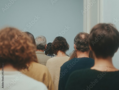 Diverse group of citizens waiting in line at US polling station for voting registration, symbolizing democratic inclusion and civic engagement in social culture