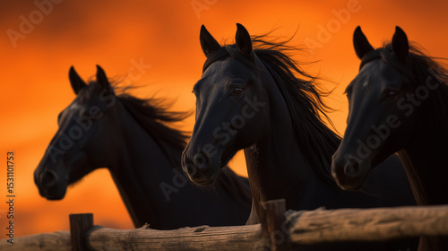 Horses Silhouetted Against a Golden Sky Behind a Rustic Fence