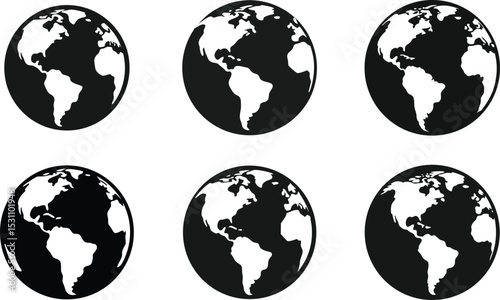 Globe earth world map vector icons set illustrating continents for global travel business