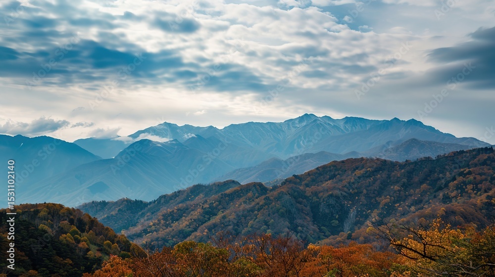 Fototapeta premium Autumn Mountain Distant View: Unveiling the Serene Tapestry of Seasonal Landscapes, Cultural Symbolism, and Natural Aesthetics in Scenic Overlooks and Panoramic Vistas
