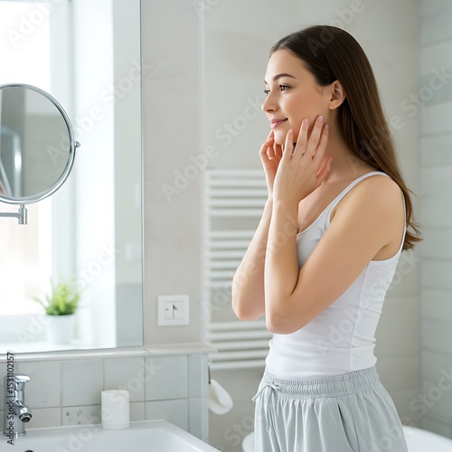 Young woman examining her face in the bathroom mirror