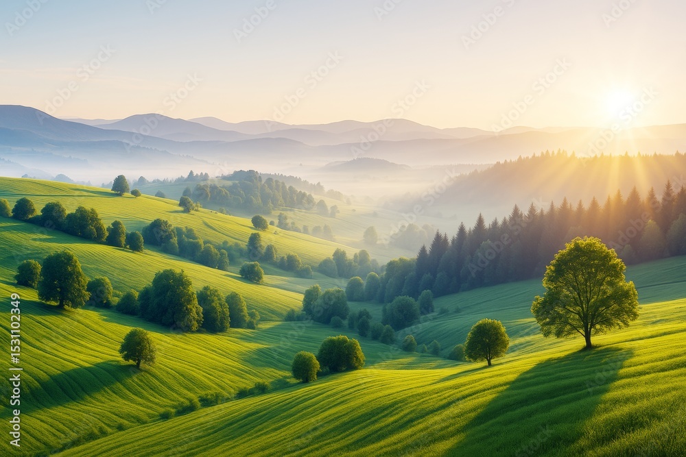 Fototapeta premium Rolling green hills with sunlit trees and misty mountains in the background during sunrise, peaceful nature landscape concept scene.