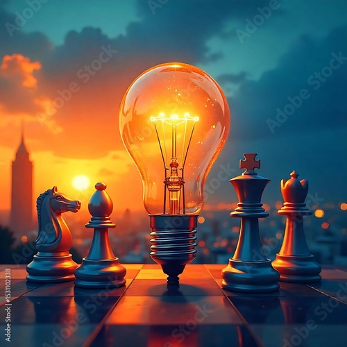 illustration representing a creative marketing strategy concept with glowing lightbulb, upward graph, and chess planning icons — ideal for branding, business growth, and creative planning themes
