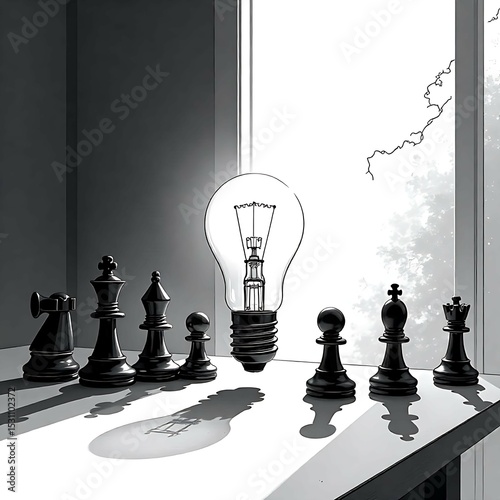 illustration representing a creative marketing strategy concept with glowing lightbulb, upward graph, and chess planning icons — ideal for branding, business growth, and creative planning themes