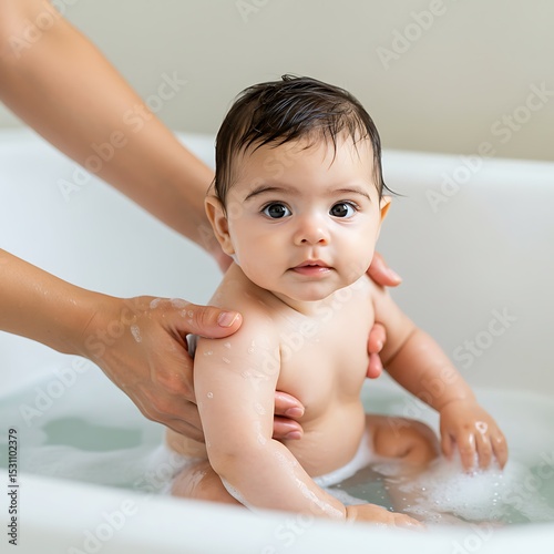 Baby in bathtub with adult hands supporting, looking at camera with curious expression