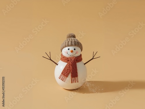 Adorable Snowman with Scarf and Hat on Tan Background, Winter Holiday Celebration.