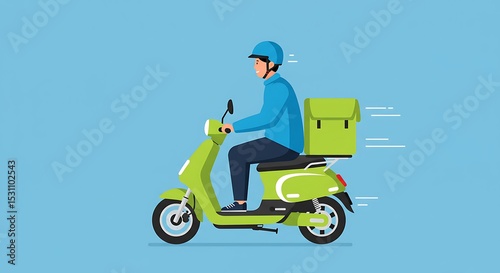 A smiling delivery person wearing a helmet and a green jacket rides a scooter with a large delivery box on the back.