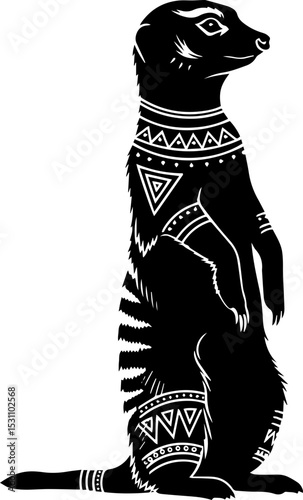 Standing Meerkat with Tribal Adornment: Black and White Silhouette Illustration