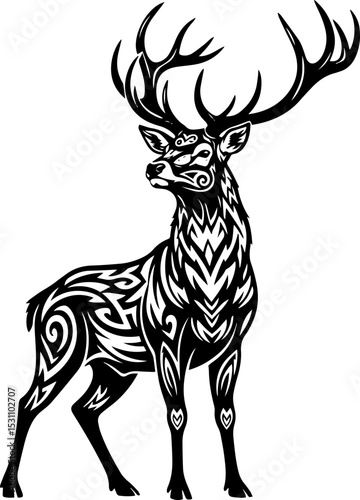 Majestic Tribal Deer: Ornate Black and White Animal Illustration