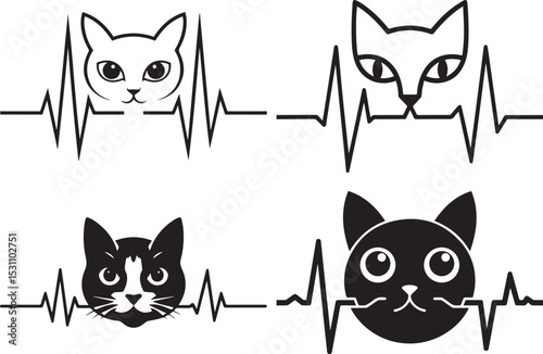 Cat Heartbeat Pulse Line Vector Graphic Art