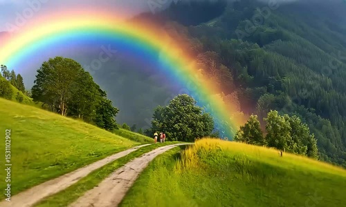Majestic Rainbow Arcing Over Rolling Green Hills and Country Road