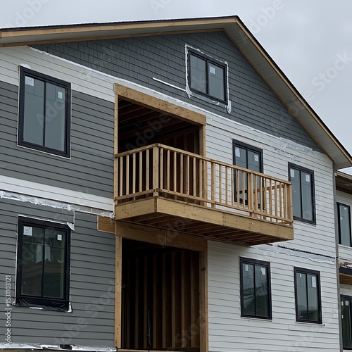 Exterior of new construction building with siding and balcony under construction