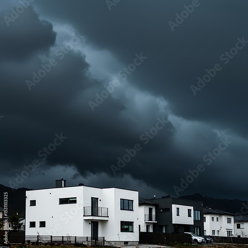 Modern houses under a dramatic dark sky with ominous clouds before a storm