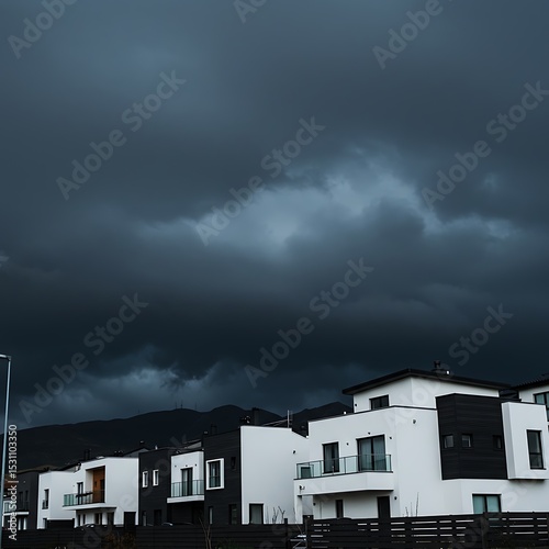 Modern houses under a dramatic dark stormy sky in a residential area