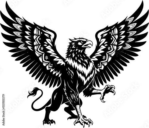 Majestic Griffin: Black and White Ornate Winged Lion Design