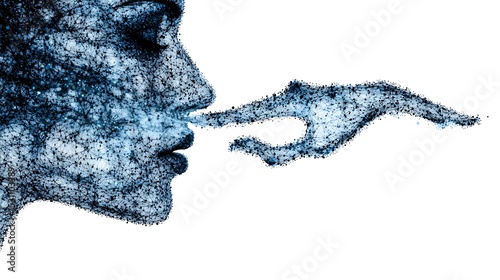 Abstract Pixelated Face and Hand in Blue and White