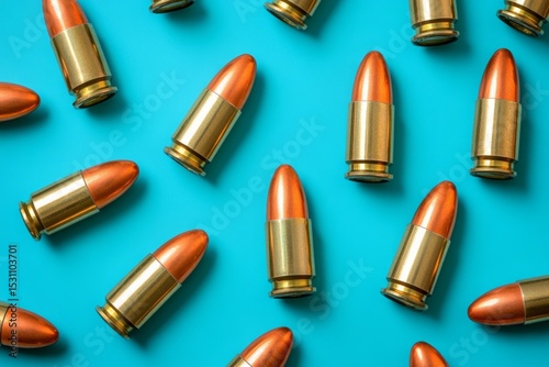 Full metal jacket bullets lying on a vibrant turquoise background, creating a striking and thought-provoking visual