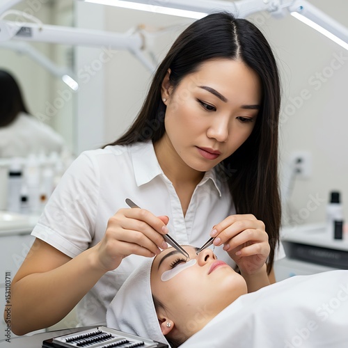 Asian cosmetologist applying eyelash extensions to a woman in a beauty salon