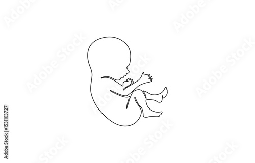 Baby embryo in womb, fetus one art line continuous drawing. Silhouette cute unborn fetus child on mother womb in minimalism, .one line drawing of baby fetus in mother's stomach in gestational age.