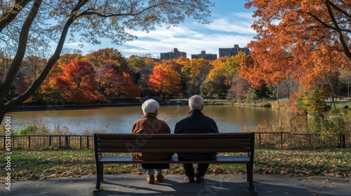 Elderly Couple Relaxing on Bench by Autumn Lake