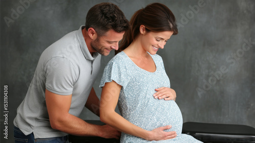 Chiropractor adjusts posture of a pregnant woman to alleviate inflammation and promote health.