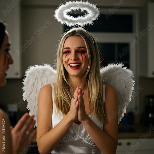 Woman in angel costume with blood makeup and halo smiling at halloween party