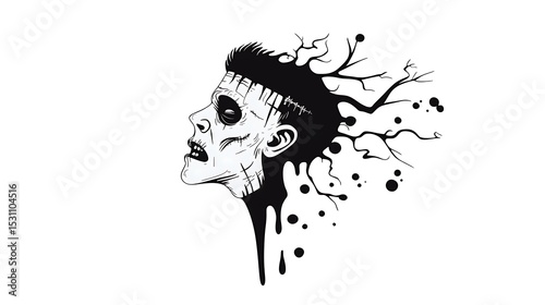 Black And White Distorted Skull Splatter Ink Illustration