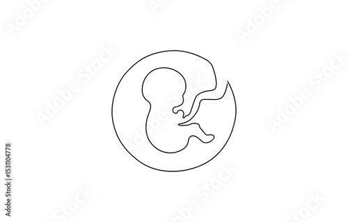 Baby embryo in womb, fetus one art line continuous drawing. Silhouette cute unborn fetus child on mother womb in minimalism, .one line drawing of baby fetus in mother's stomach in gestational age.
