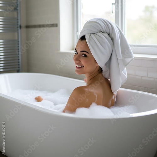 Woman with towel on head relaxing in a bubble bath at home, looking over shoulder