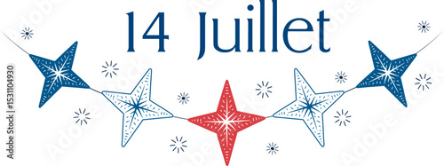 14 Juillet, fête nationale, guirlande tricolore bleu, blanc, rouge, avec des étoiles